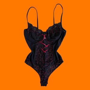 90's vintage black and red floral lace mesh lingerie thong teddy one piece 34B